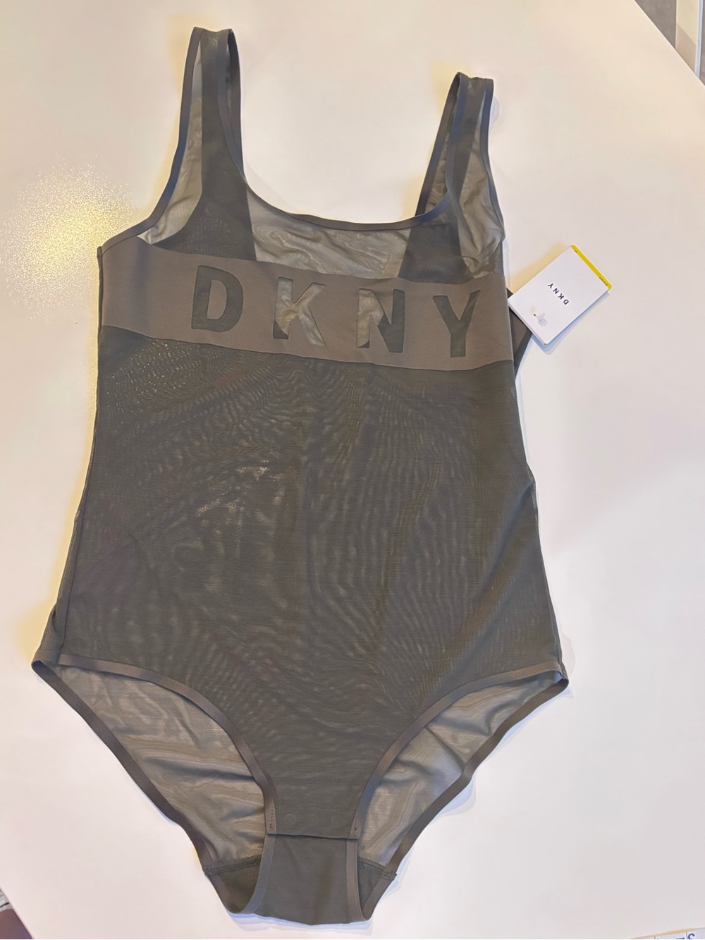 DKNY Olive Sheer Mesh Blocked Logo NandvTank Bodysuit, Medium, New with tags!